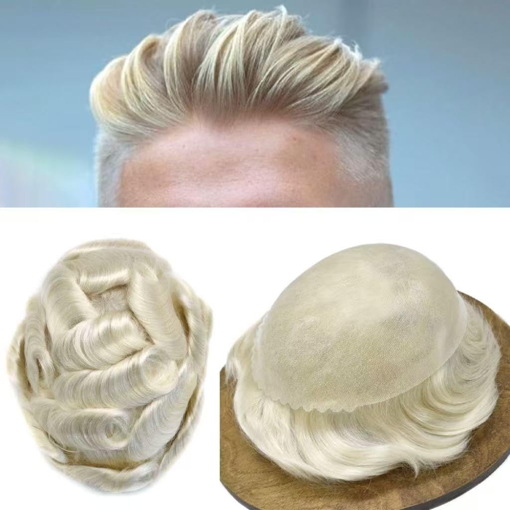 Mens Toupee Human Hair Systems Full Poly Thin Skin Hair Piece Replacement 0.1MM
