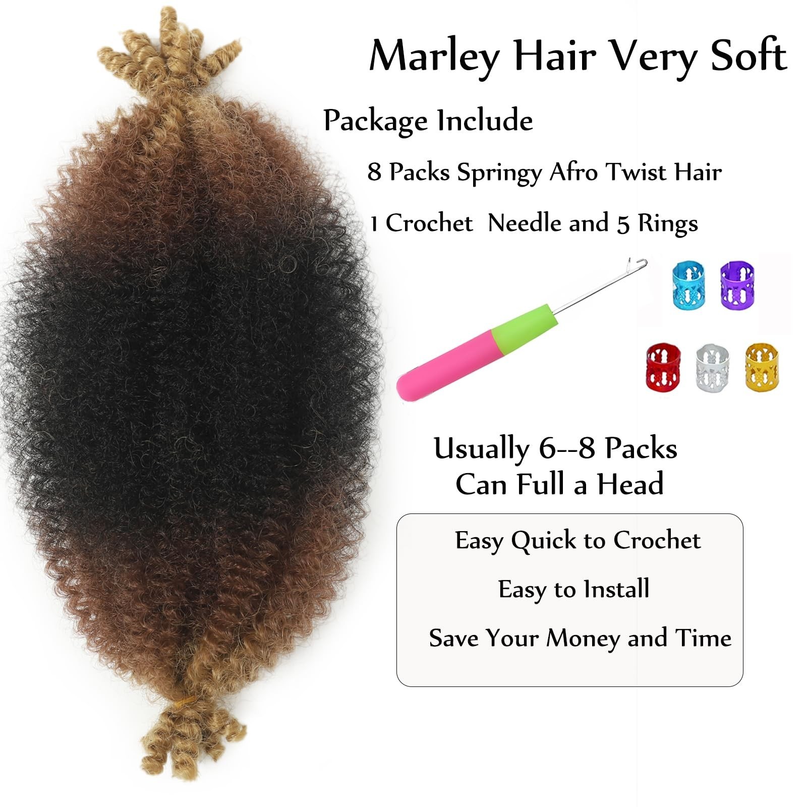 8 Inch Springy Afro Twist Braiding Hair – 3 Tone Kinky Hair, Pre-Separated, 8 Pa