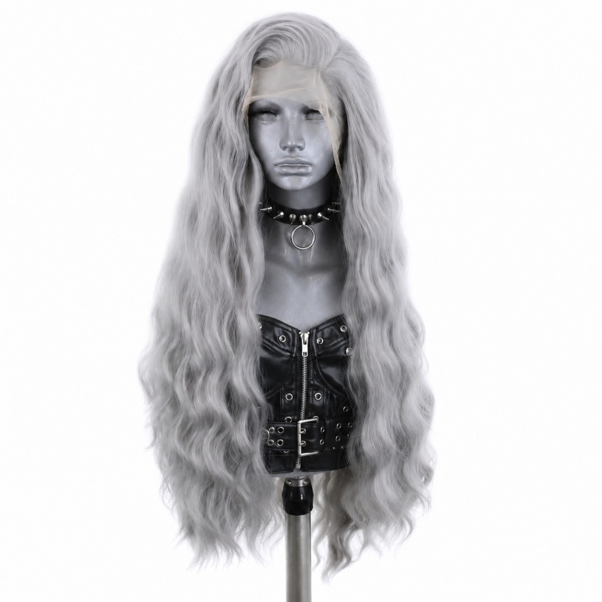 Long Wavy Synthetic Hair Silver gray Glue Less T Lace Front Wig Pre Plucked Soft