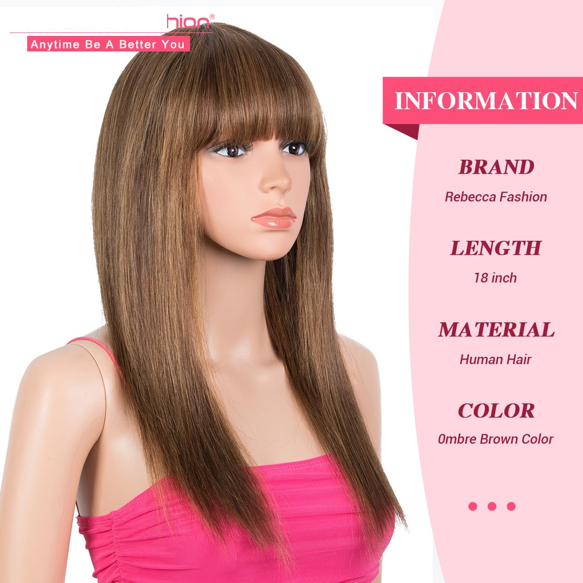 Fashion 18” Ombre Brown Human Hair Wig w/ Bangs, Glueless