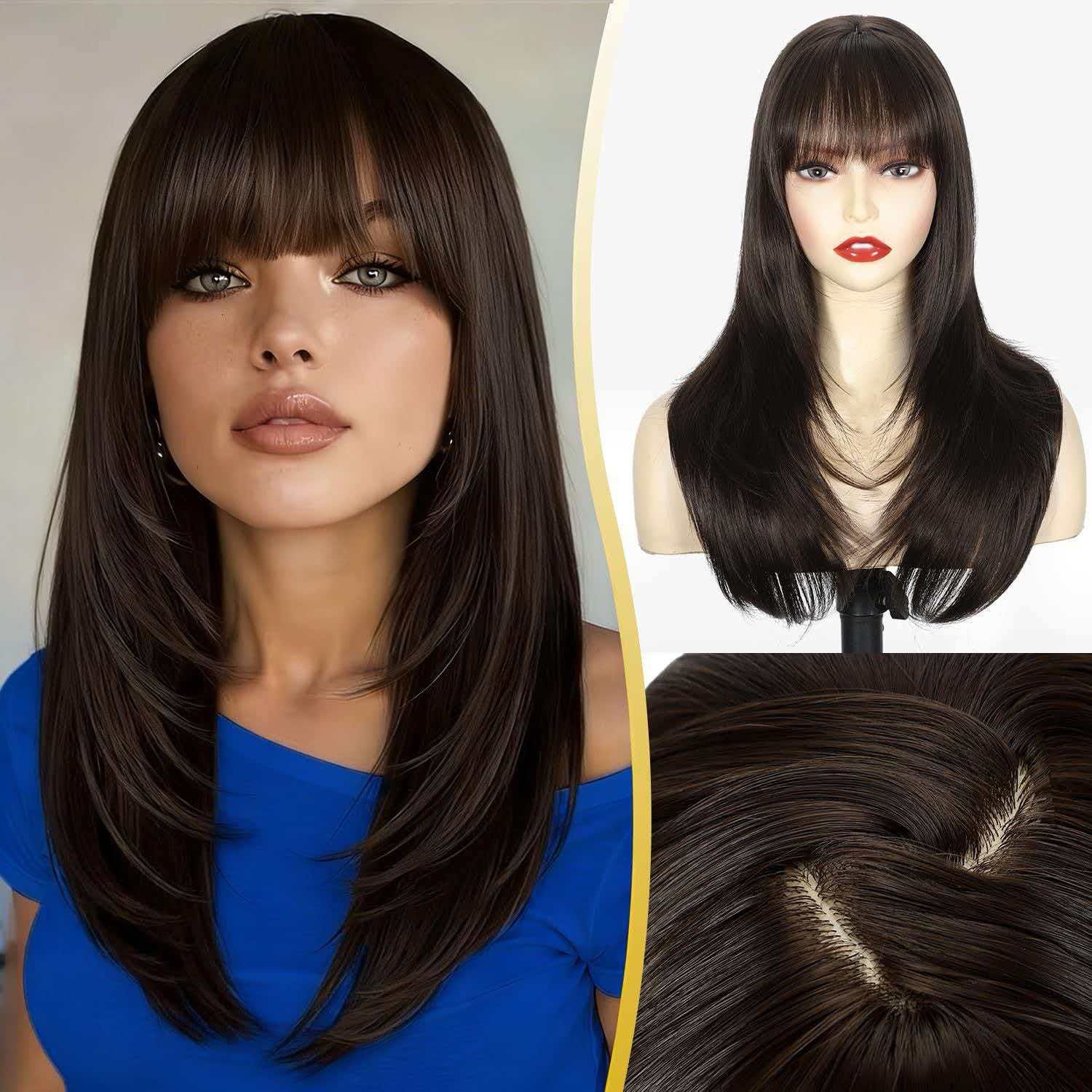Dark Brown Long Straight Wig for Women Heat Resistant Synthetic Cosplay Party