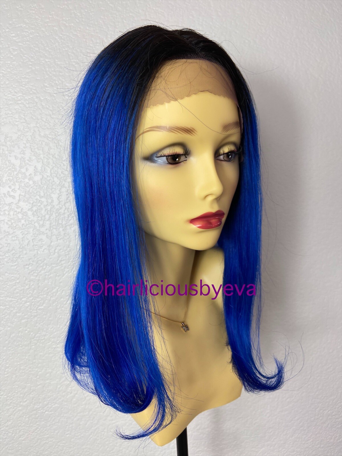 100 Percent Human Hair Wig Blue Ombré Black Lace Front Middle Part 16 Inch Long