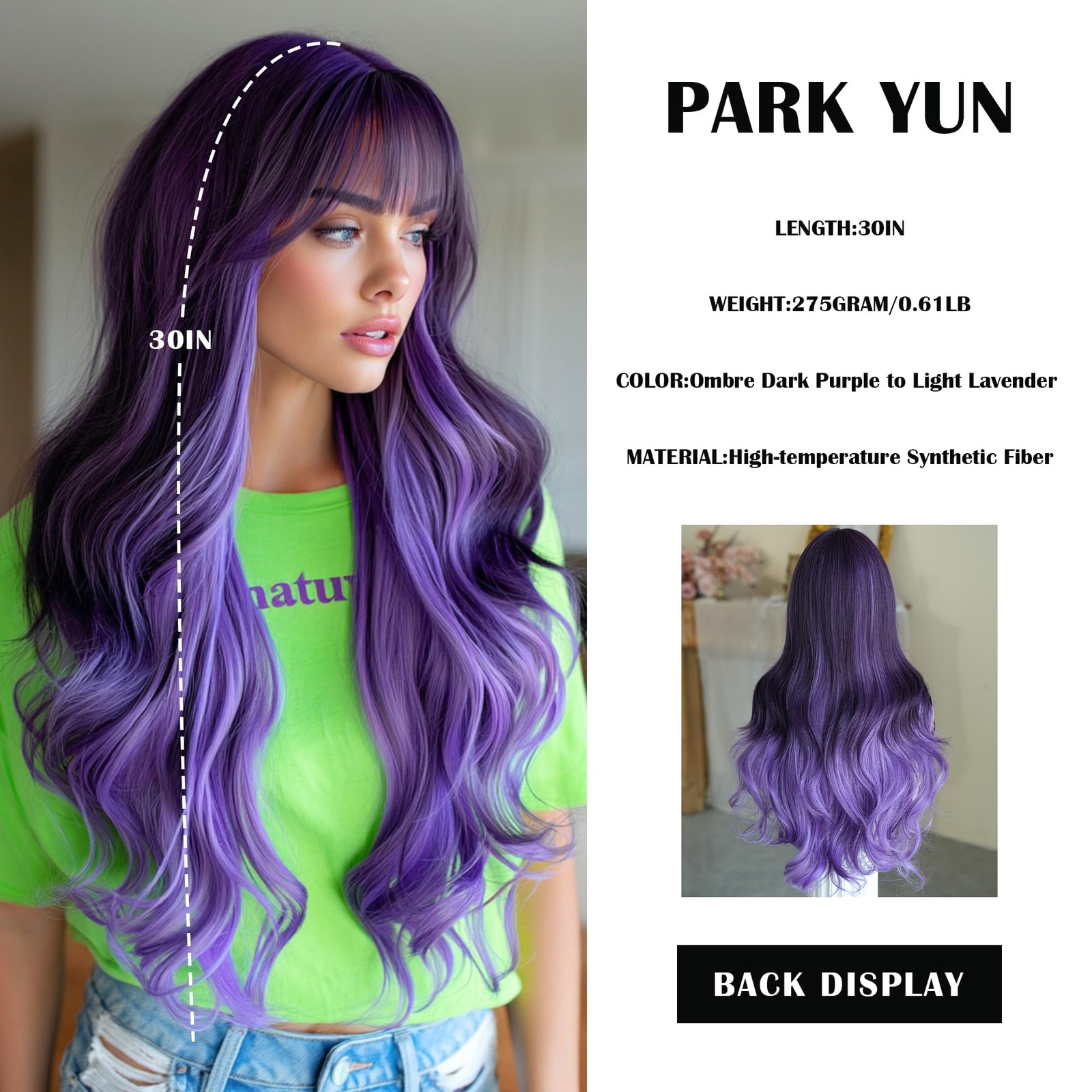 28 Inch Long Wavy Synthetic Wig with Bangs Dark Purple to Lavender Ombre Wig …
