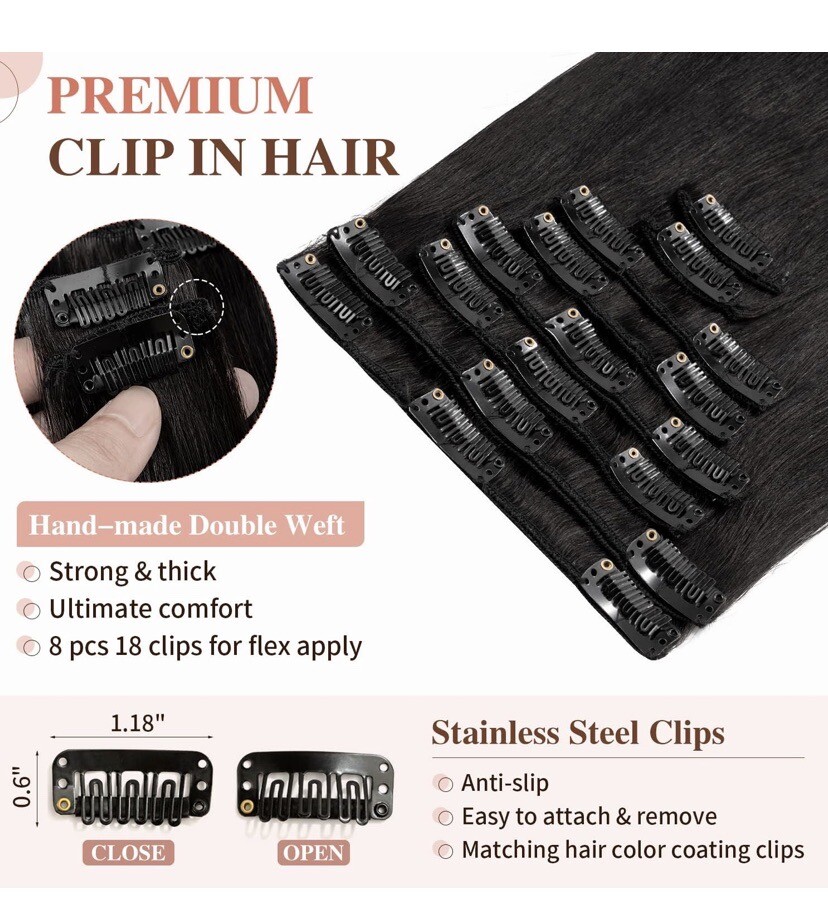 S-Nolite 8pcs Clip-in Hair Extension Thin 18″ Length, Jet Black, 70g, 18 Clips
