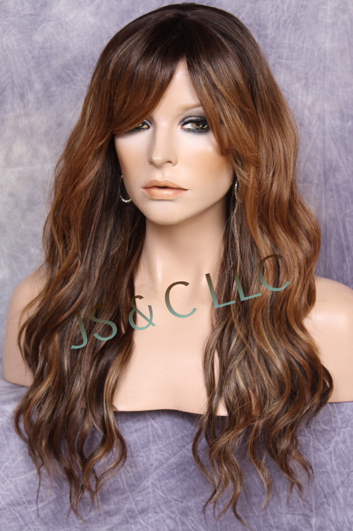 Long Wavy Brown auburn mixed Human Hair Blend Full Wig Heat OK Bangs FBW 7002