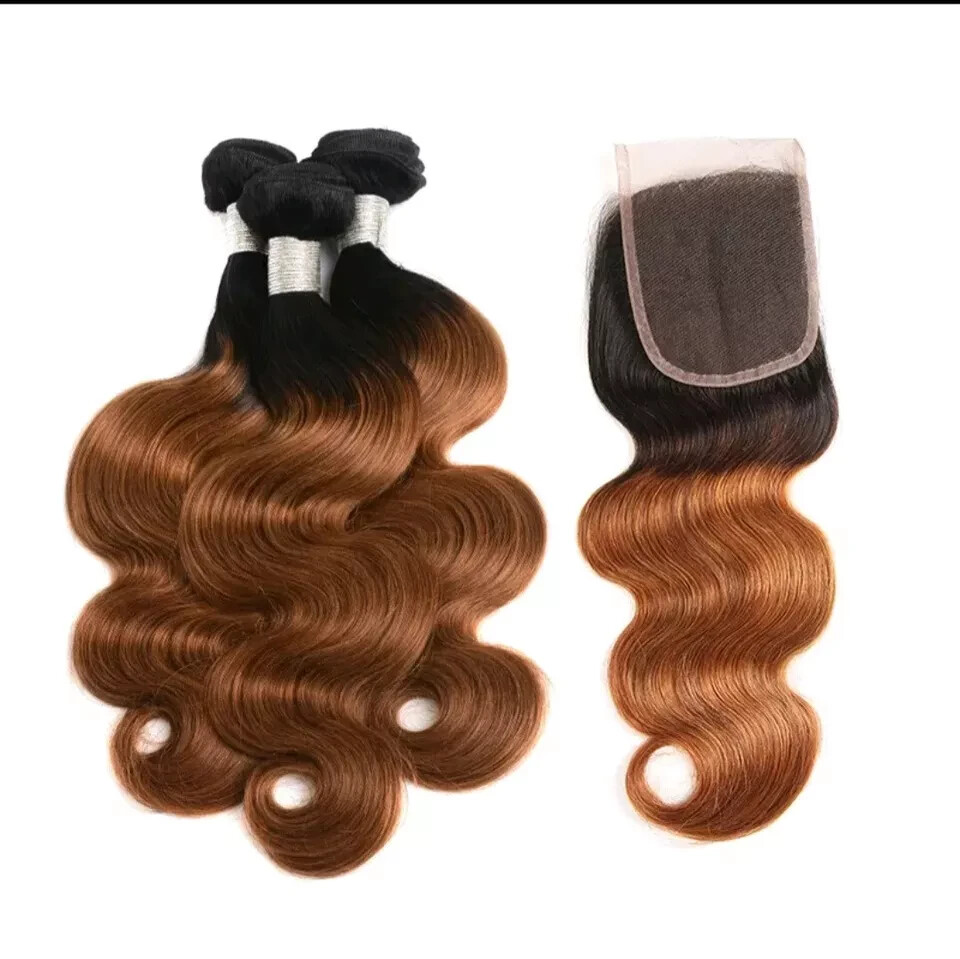 12A PERUVIAN VIRGIN HUMAN HAIR 2TONES OMBRE 1B#/30# 20+20+20&18INCH CLOSURE 350g