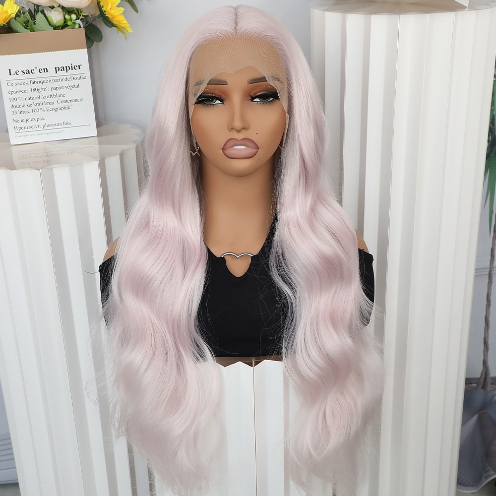 Synthetic Lace Front Wigs Heat Resistant Fiber Glueless Long Wavy Ice Pink Hair
