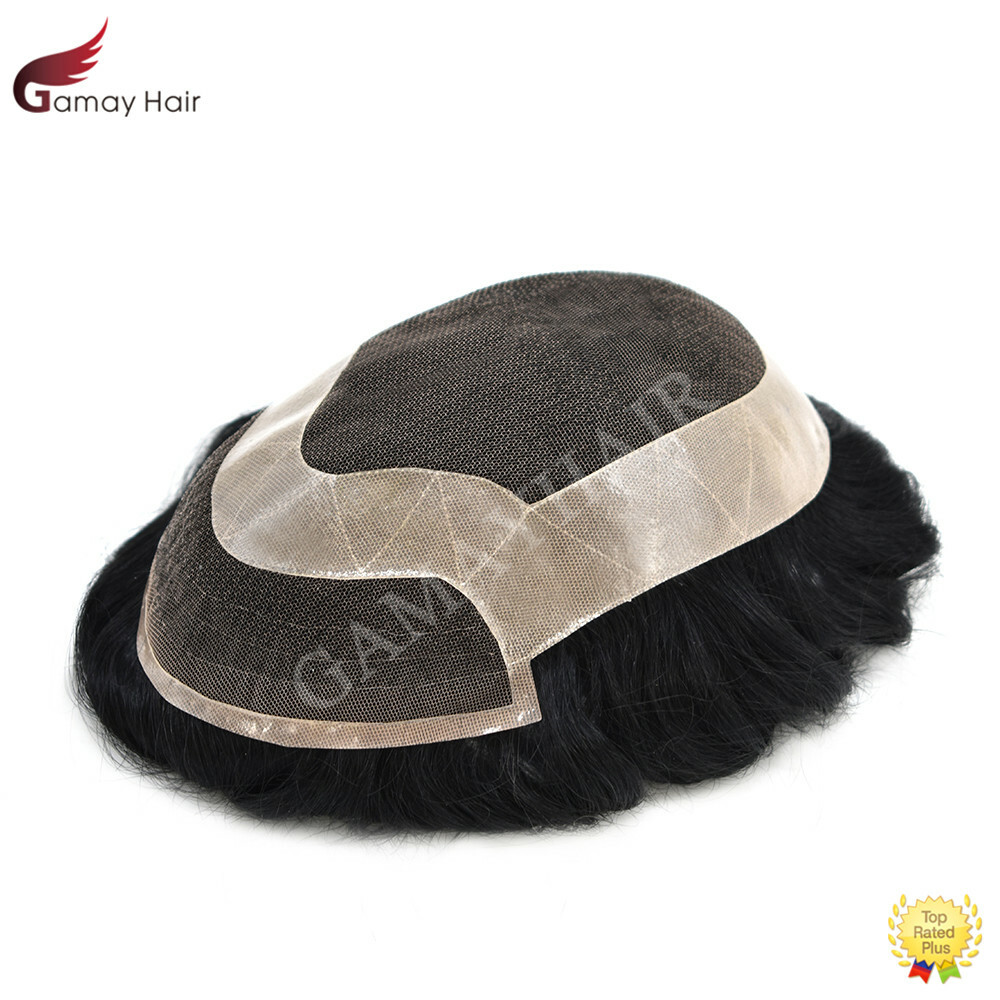French Lace Front Mens Toupee Hairpiece Poly Skin NPU Around Black Hair Systems
