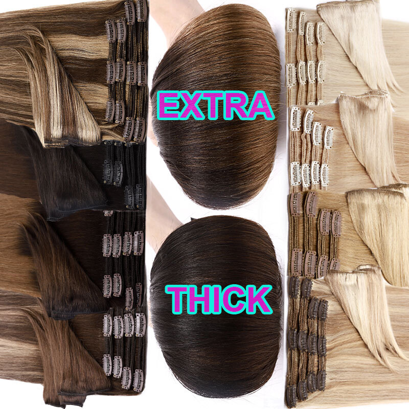 Double Weft Clip in 100 Real Remy Human Hair Extensions Full Head Balayage Ombre
