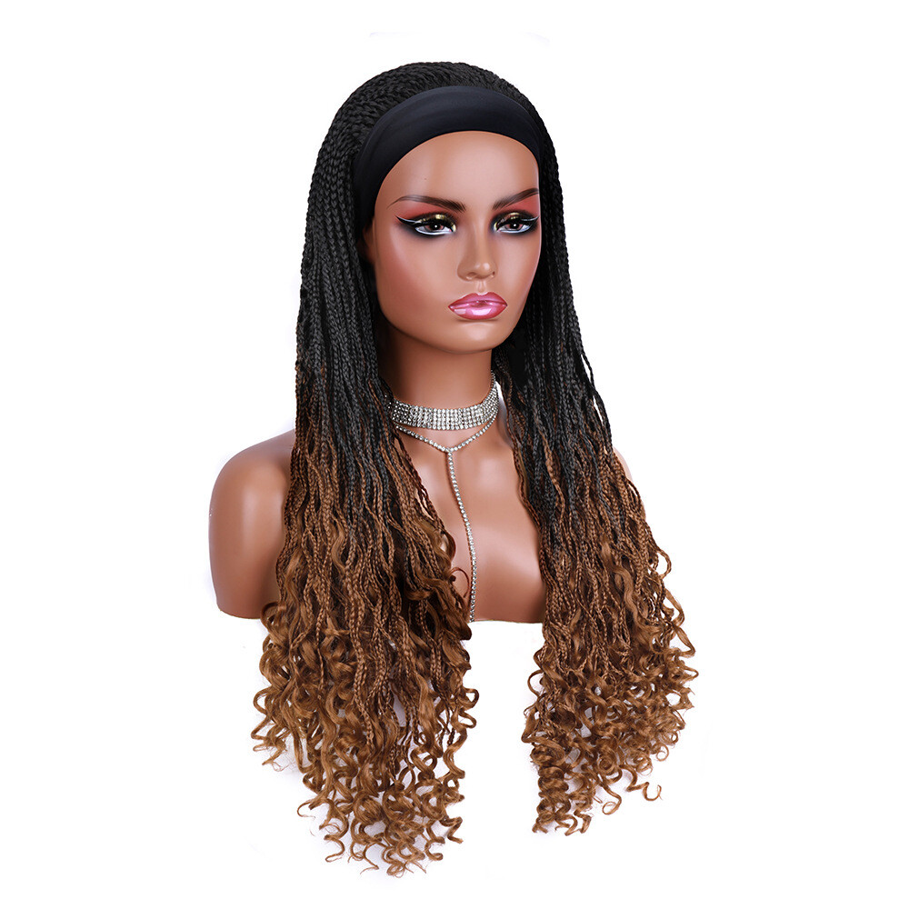 26″ Straight Curly Box Braids Headband Wigs for Black Women Braided Wig Wrap Wig