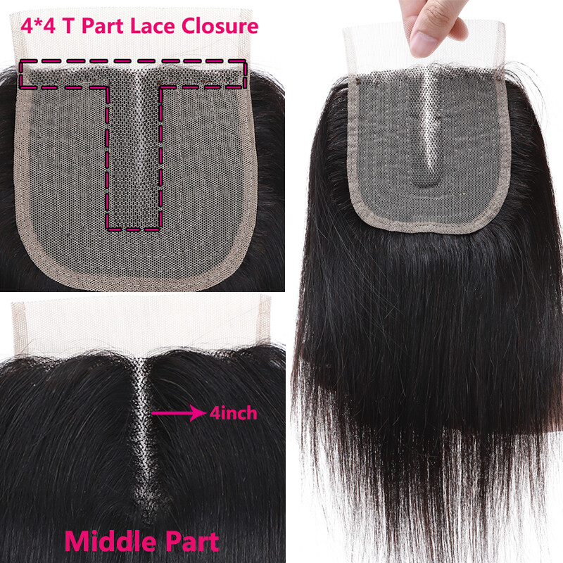 T Middle Part Lace Closure Brazilian 7A Virgin Human Hair Extensions Weft 8″-18″