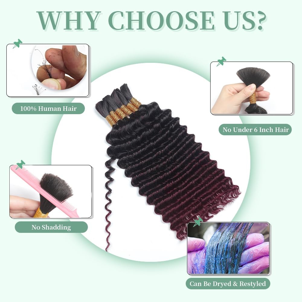 Ombre Burgundy Braiding Hair 150g 14 Inch 6 Bundles/Pack Deep Wave Bulk Human Ha