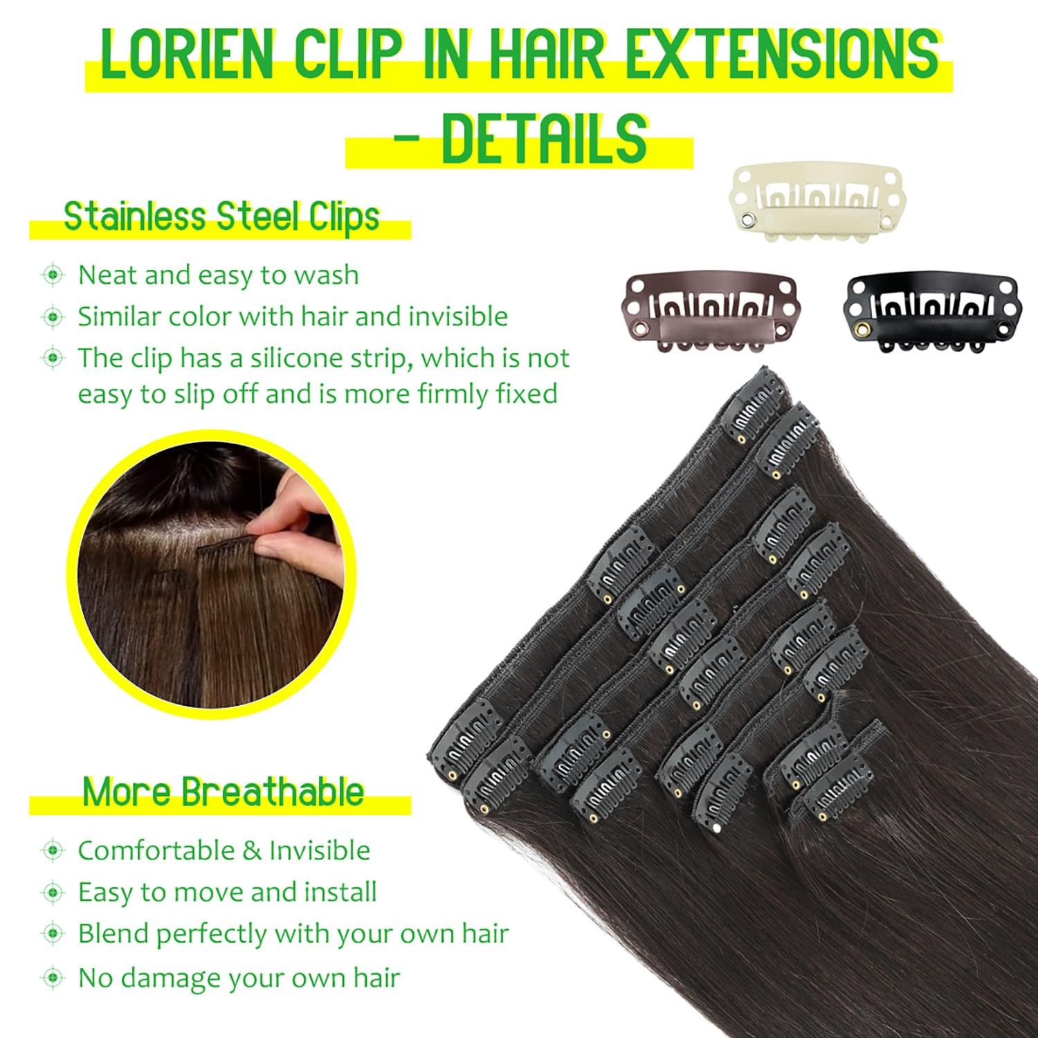 Clip in Hair Extensions Real Human Hair, 18 Inch 100g/3.6oz, 1B Natural Black…