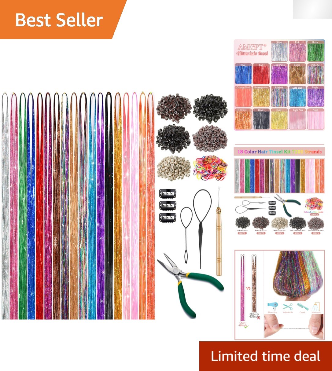 Complete Hair Tinsel Kit – 48 Inch, 9000 Strands, Colorful Hair Accessories