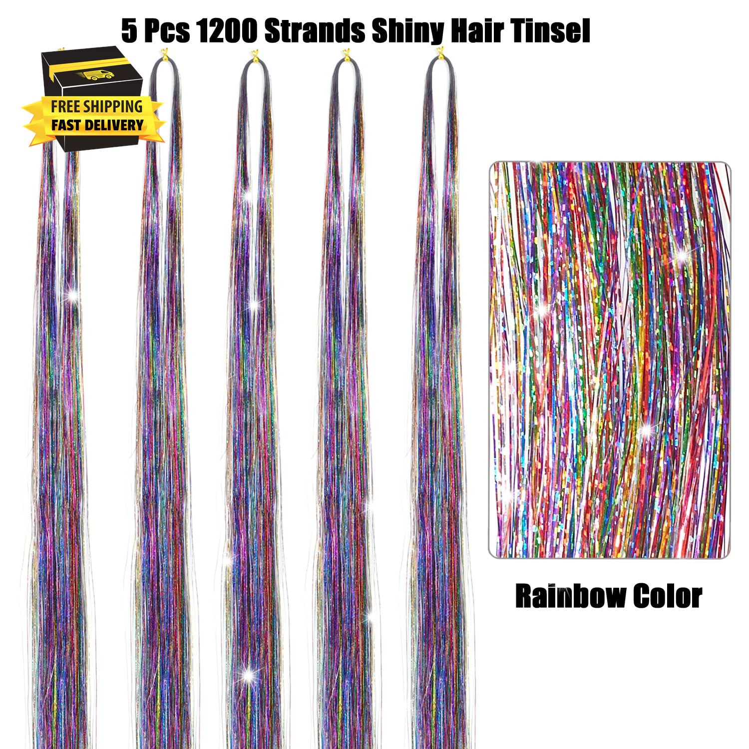 Hair Tinsel, (48 Inch 5Pcs 1200 Strands) Colorful Glitter Tinsel Hair Extensions