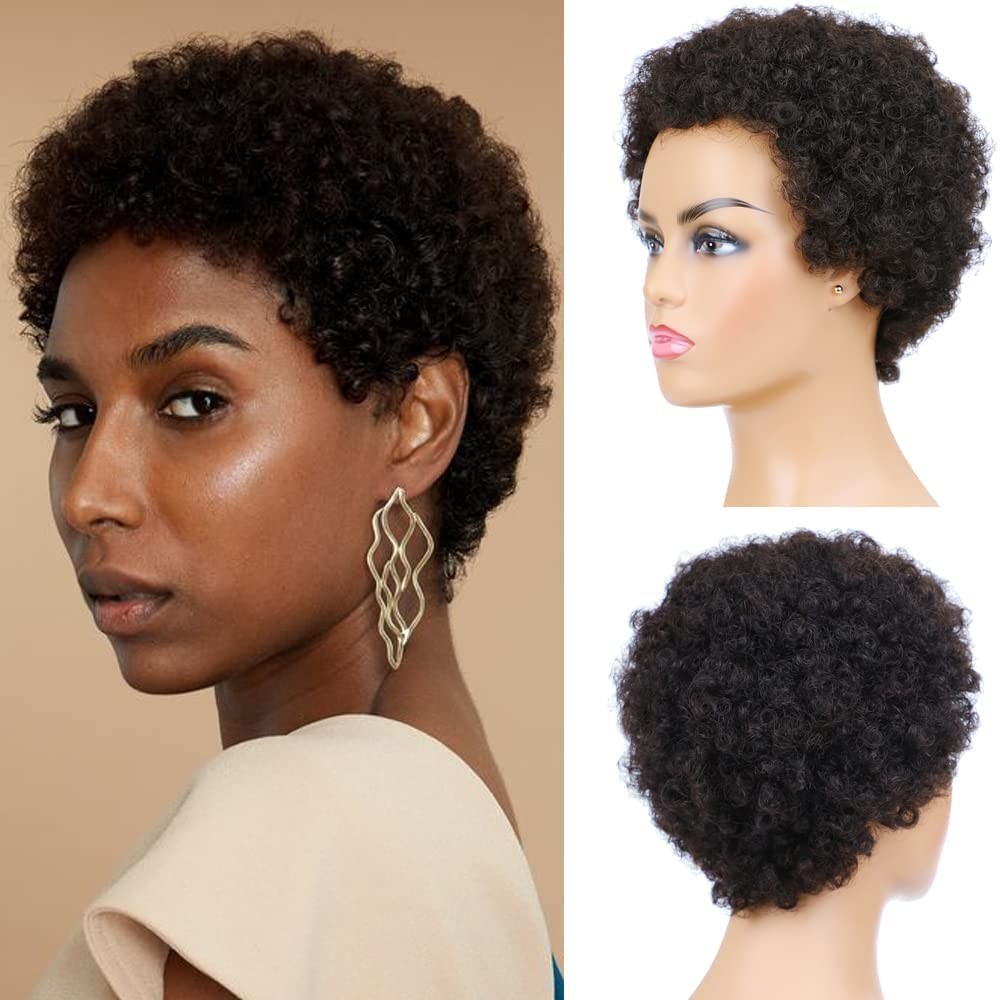 Afro Kinky Curly Short Human Hair Wigs for Women Full Fluffy Machine Made