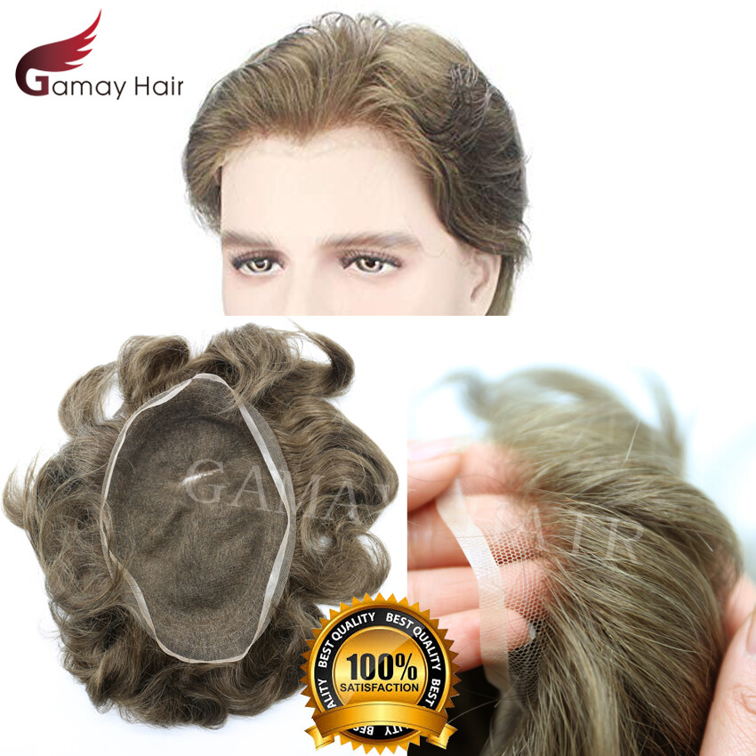 GM Full French Lace Mens Toupee Natural Bleached Human Hairpiece Wig Replacement