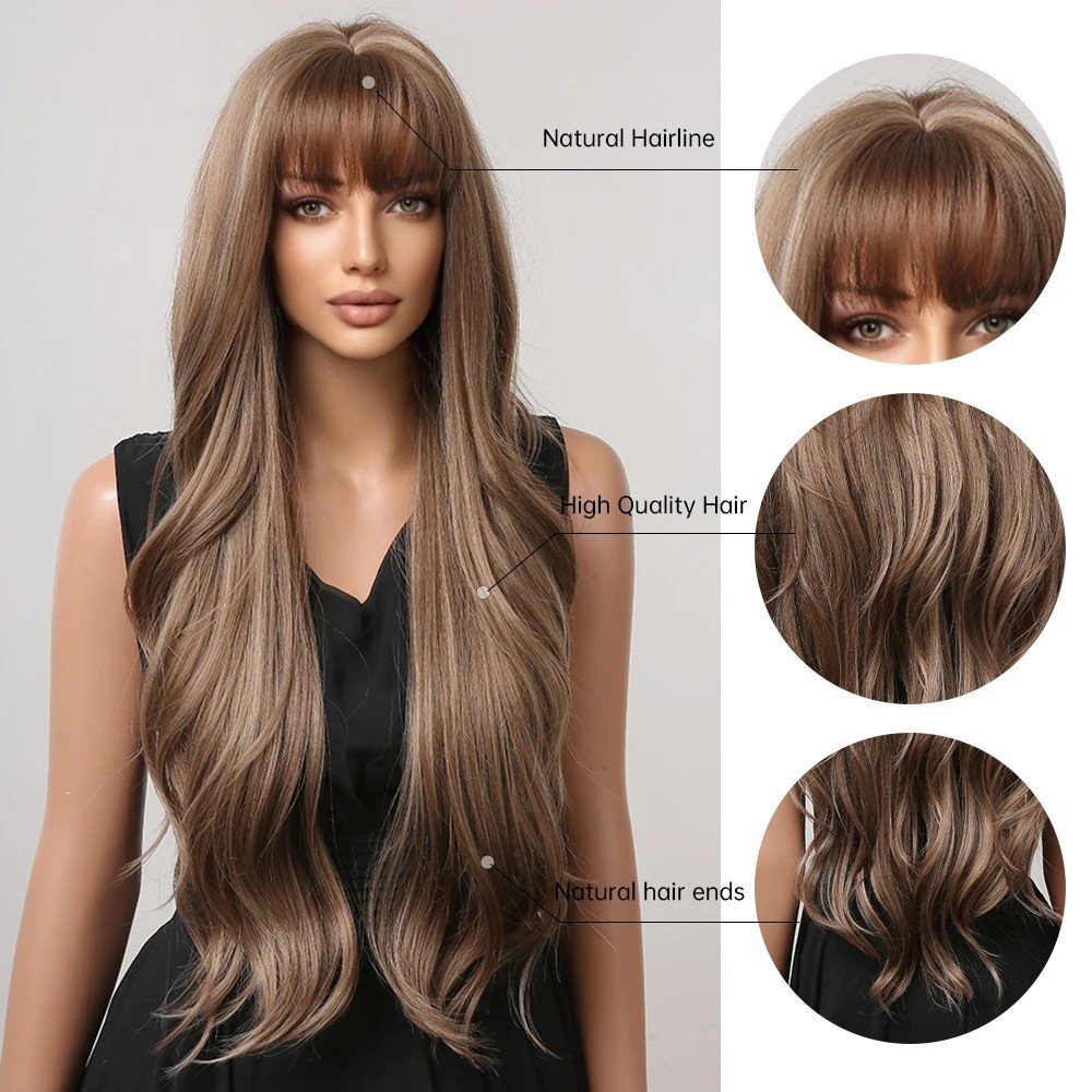 Brown Mixed Blonde Wigs with Bang Long Natural Wavy Hair Wig for Black Women NEW