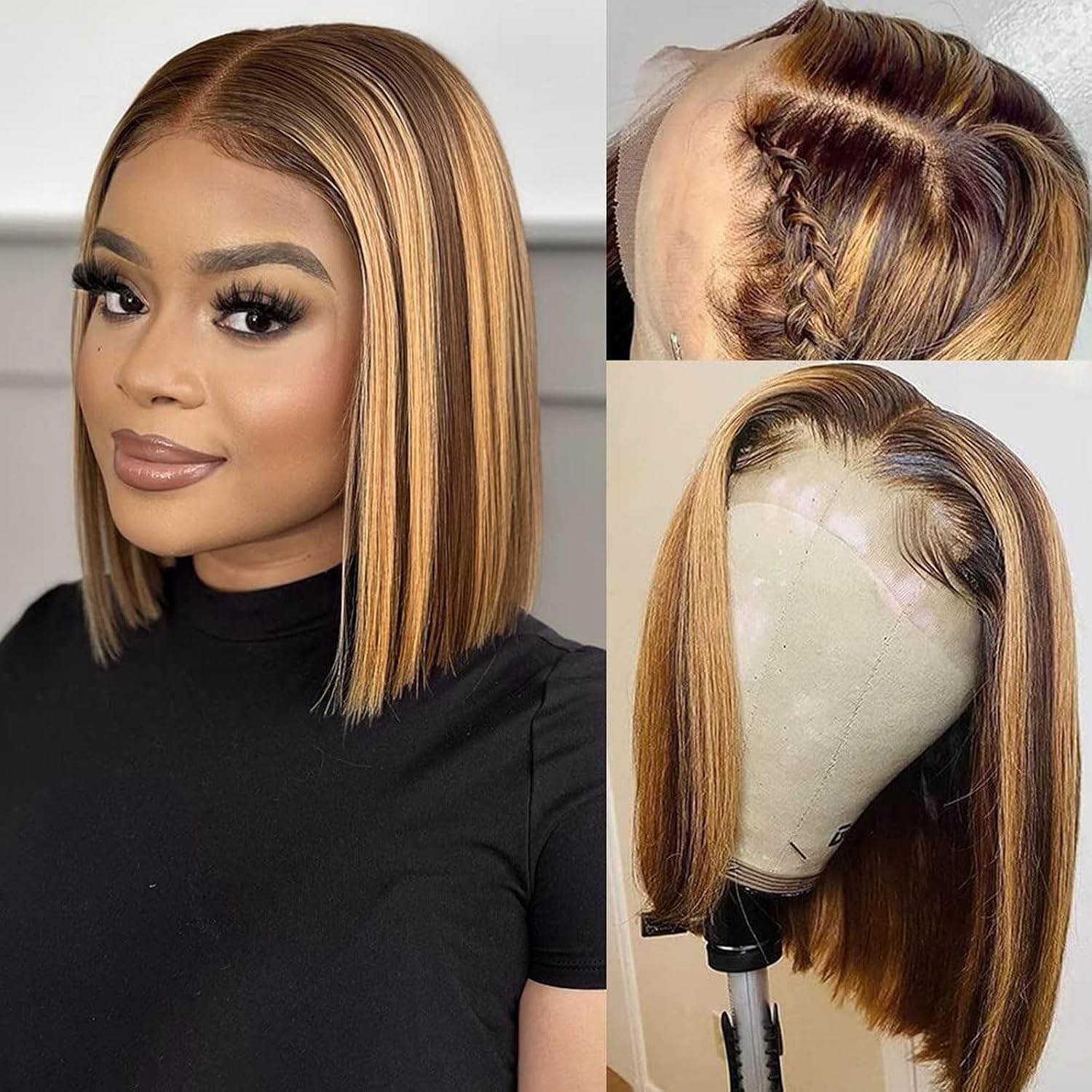 13×4 Ombre Highlight Bob Human Hair Lace Front Wigs P4/27 14 Inch Colored Wigs