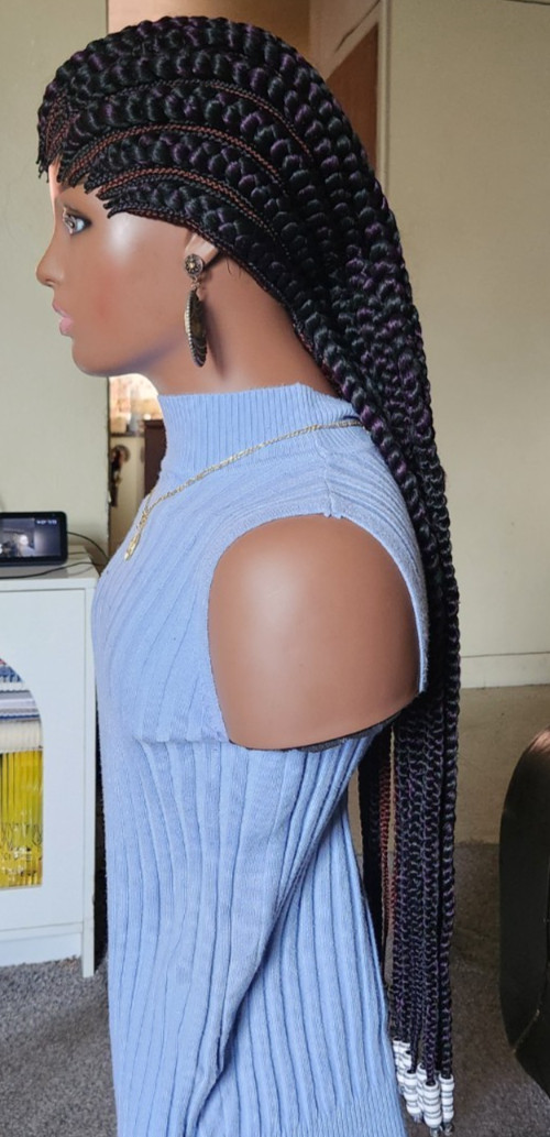 Fully hand braided Ghana banana cornrows wig Paka 1B mix dark purple/dark drown