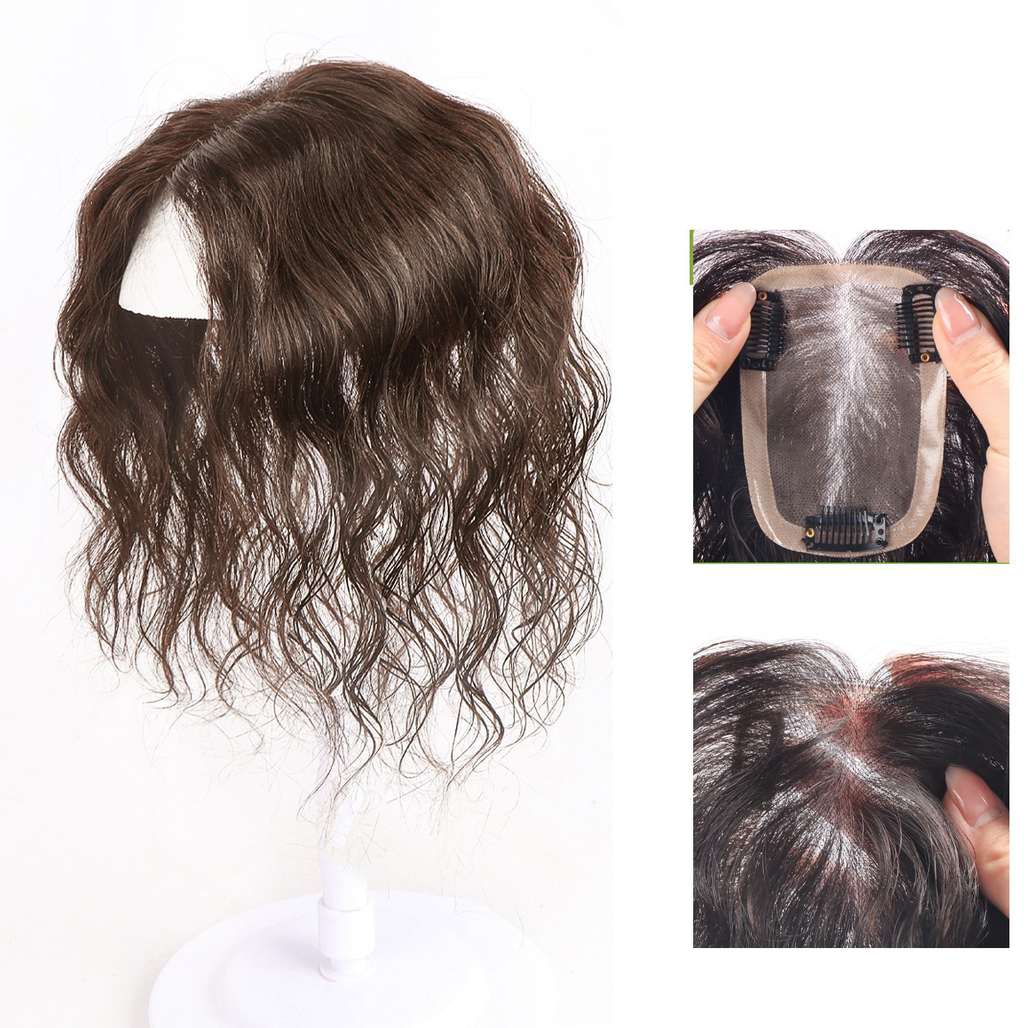 Fluffy Curly Wavy Real Human Hair Mono PU Topper Wiglet Replacement For Women