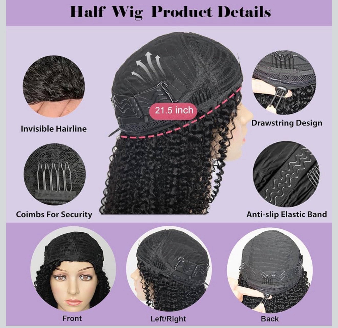 Kinky Curly Half Wig Drawstring Human Hair Natural Black Full Volume