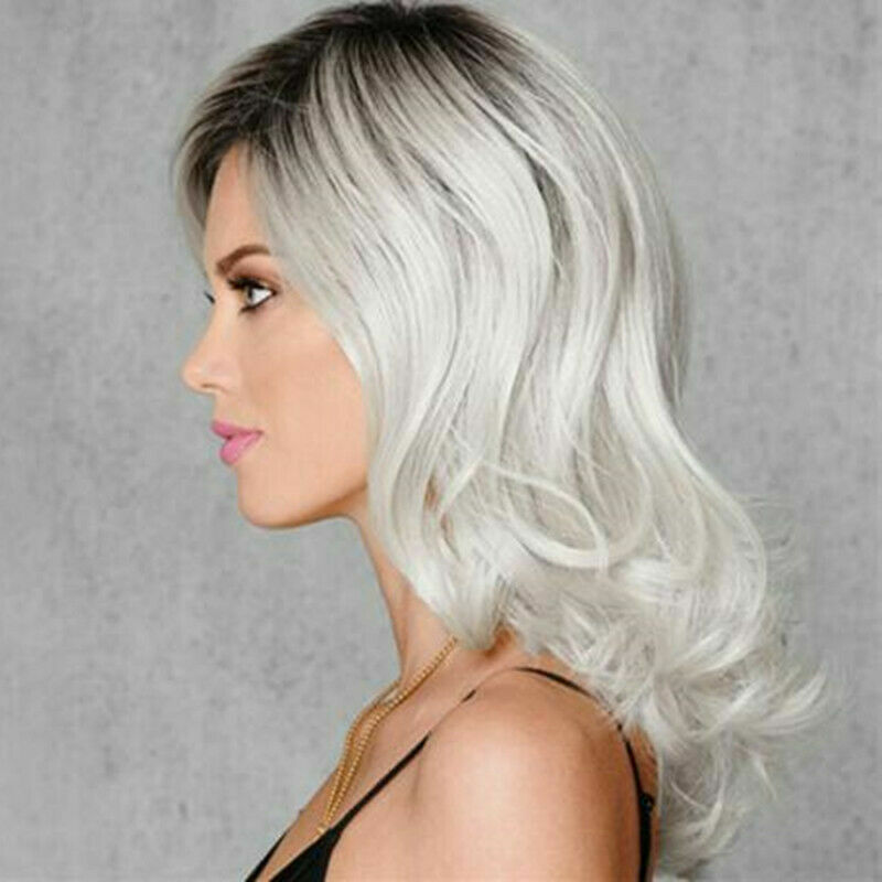 Women Ash Blonde Gray Silver White Ombre Wavy Curly Wig Shoulder Length Hair