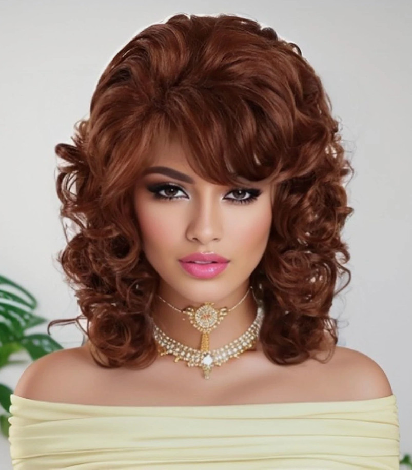 Shoulder Length Wigs for Women Auburn Curly Wig with Bangs