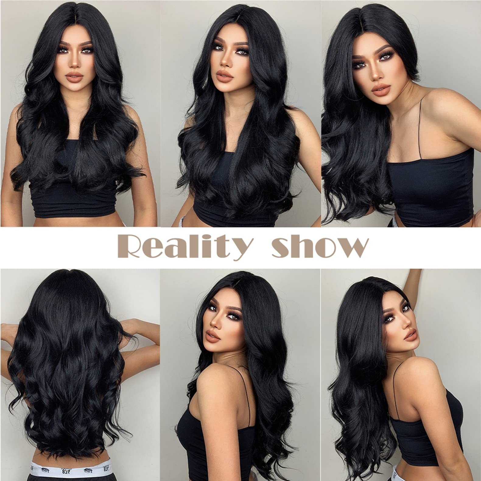 Black Wig for Women Long Wavy Black Hair Wigs Middle Part Black Wigs Heat Res…