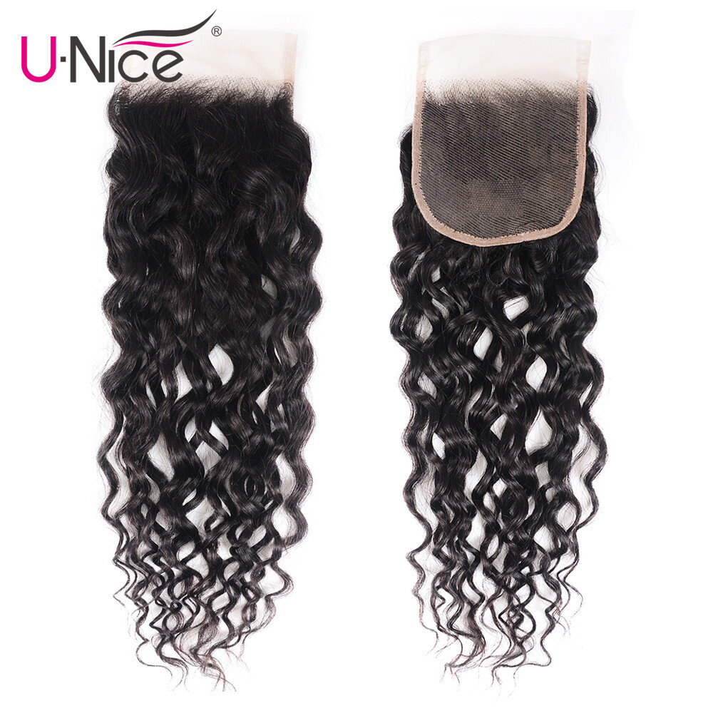 UNice Indian Water Wave 2 Bundles Human Hair Extensions with Lace Closure Weaves