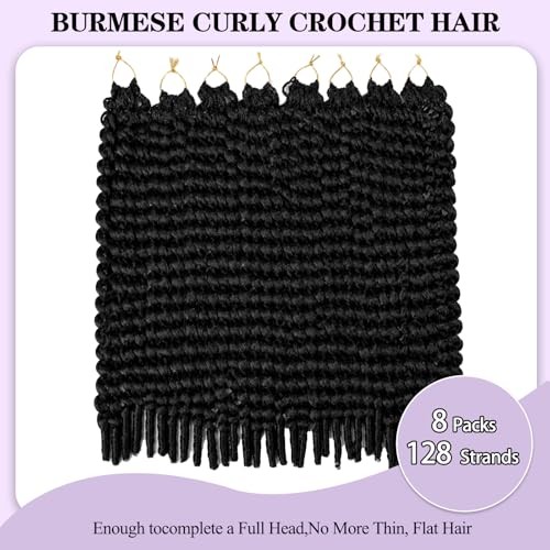 Burmese Curly Crochet Hair 8 Packs 128 Strands Knotless Pre-Looped 18 Inch 1B