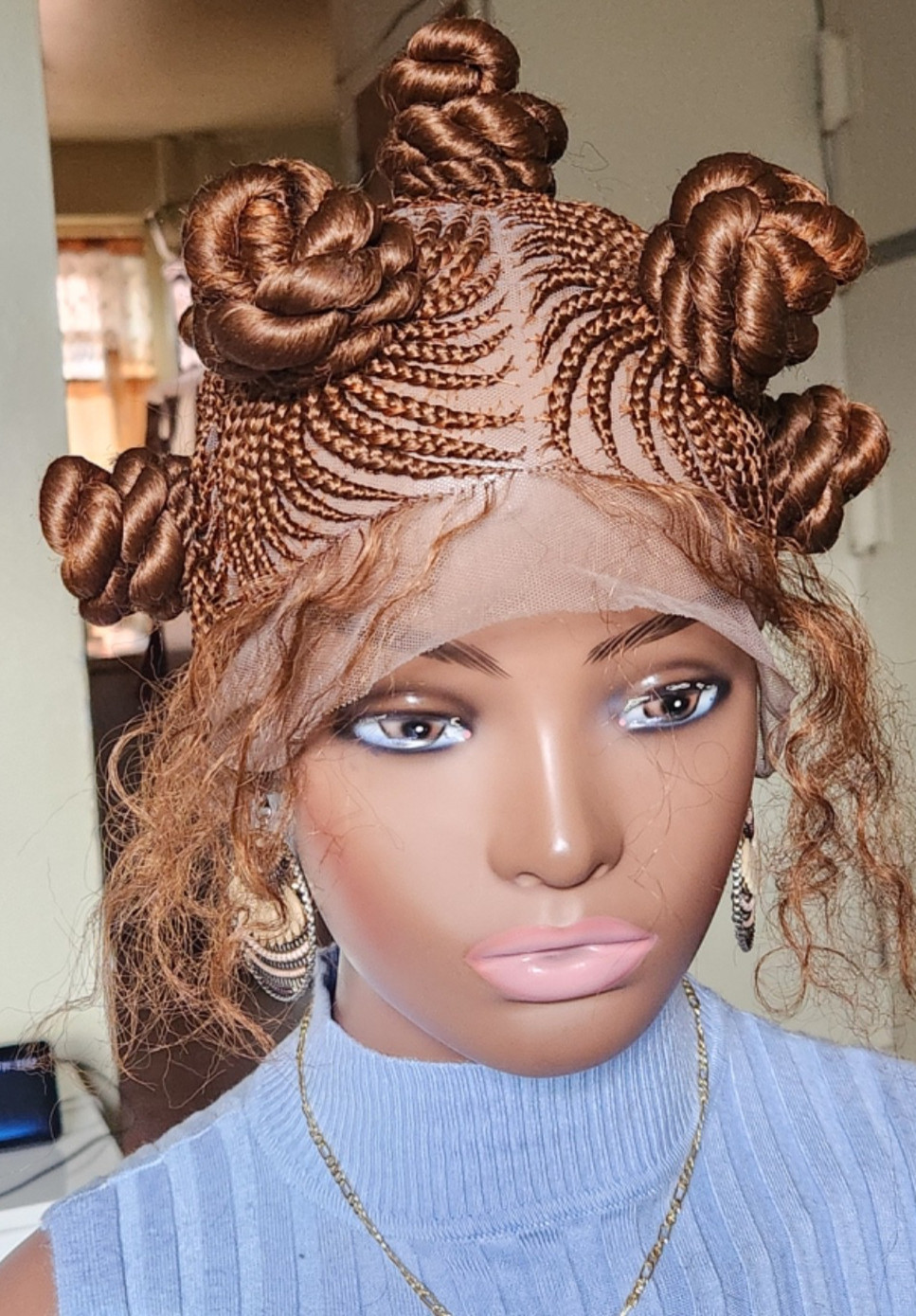Handmade Bantu Knot Braided Full Lace Cornrow wig Brown