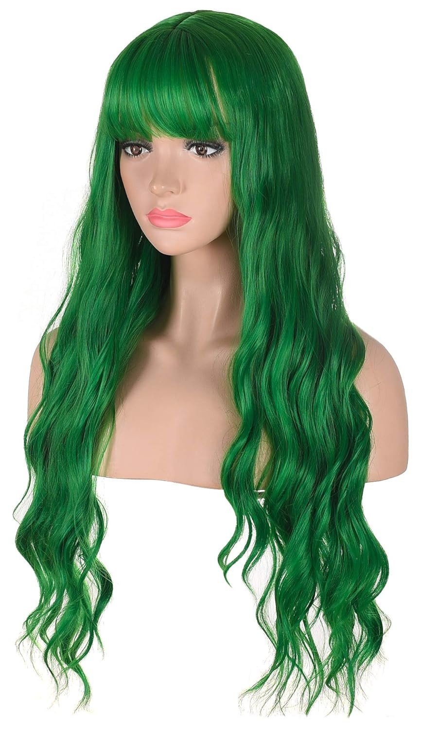 Long Wavy Green Wig with Bangs | Heat Resistant Synthetic Hair Wigs for Women…