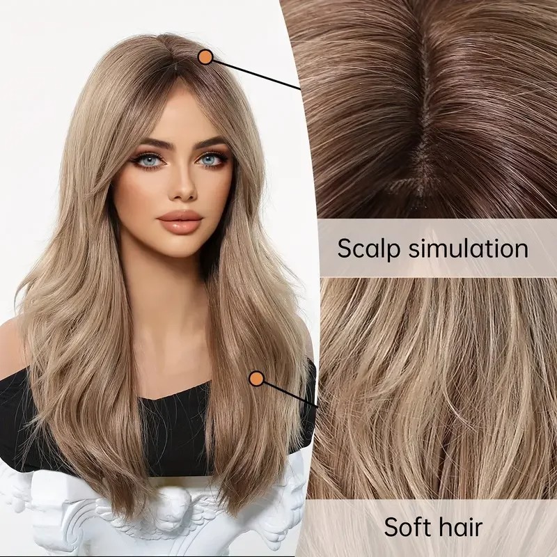 24″ Honey Brown Loose Wavy Wig with Side Bangs Synthetic Heat Resistant Natural