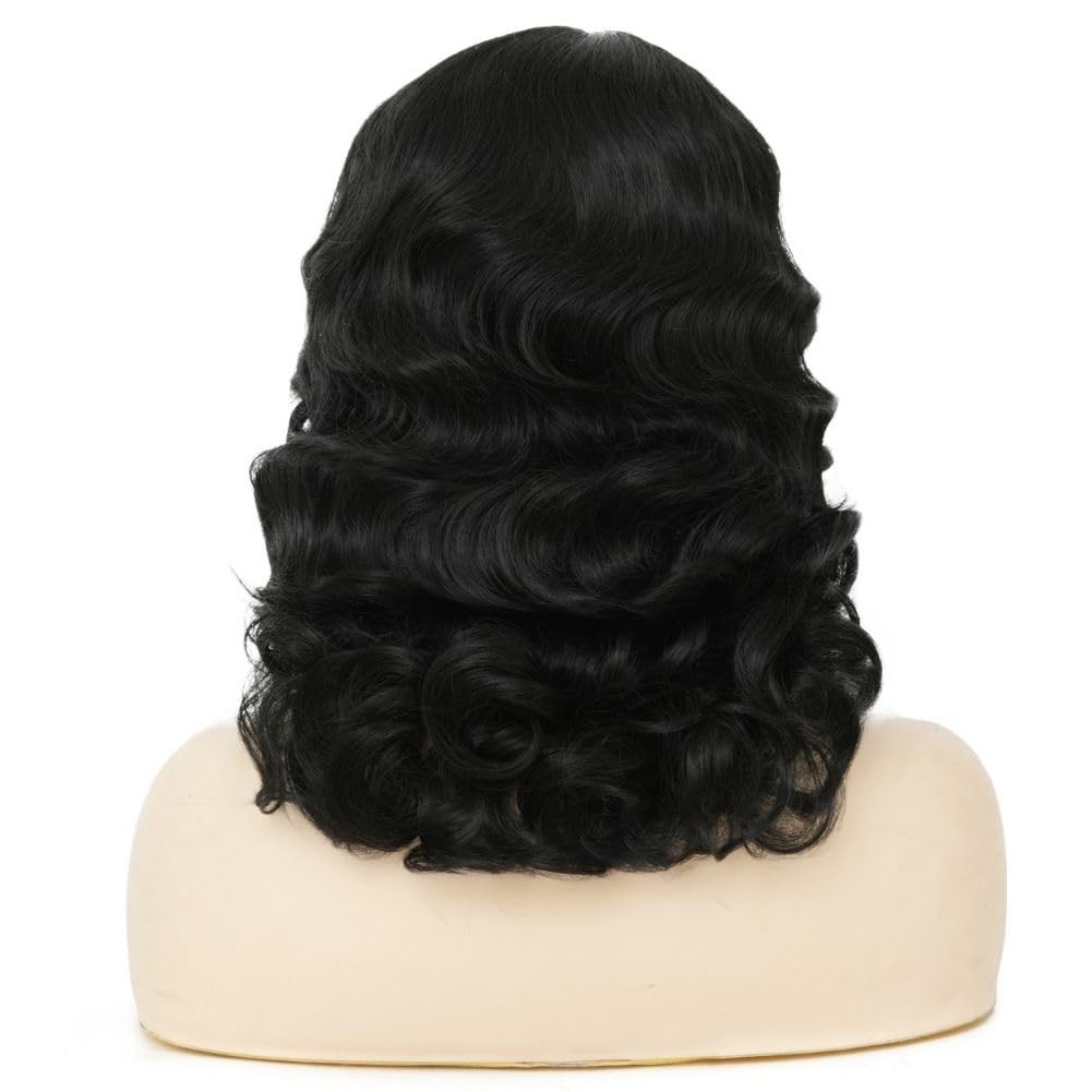 Black Curly Finger Wave 1920s Long Wig for Women – Vintage Synthetic Cosplay Wig