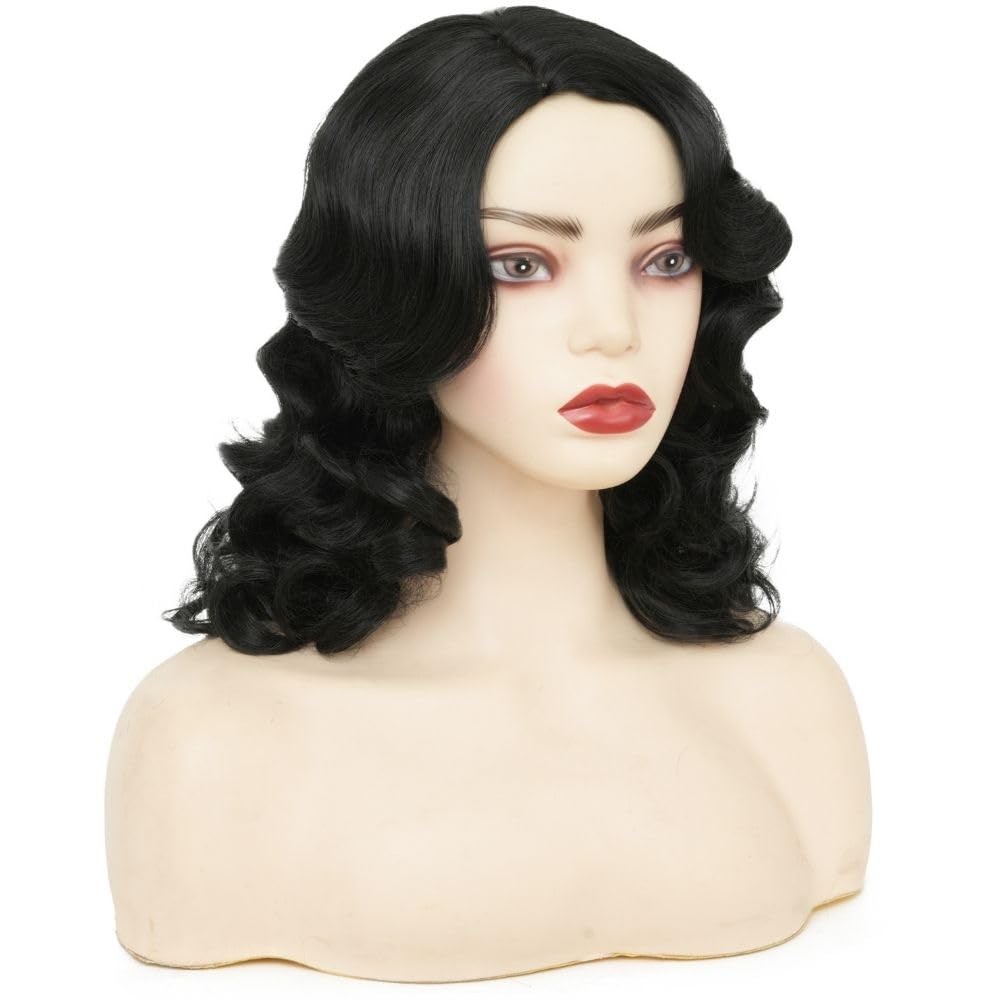 Black Curly Finger Wave 1920s Long Wig for Women – Vintage Synthetic Cosplay Wig