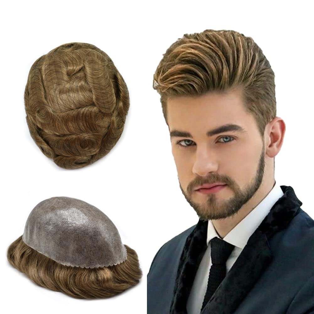 Mens Toupee Human Hair Systems Full Poly Thin Skin Hair Piece Replacement System
