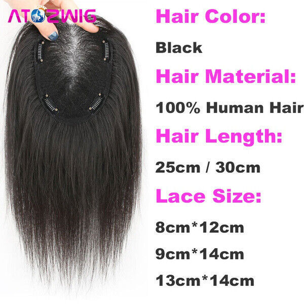 Women PU Base Silk Closure Human Hair Topper Toupee Straight Natural Remy Hair