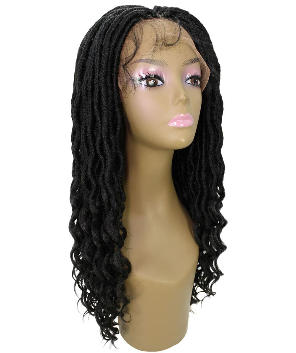 LUXLUXE Andrea 4×4 Curly Long 4X4 Hand Tied Lace Braid Black Wig