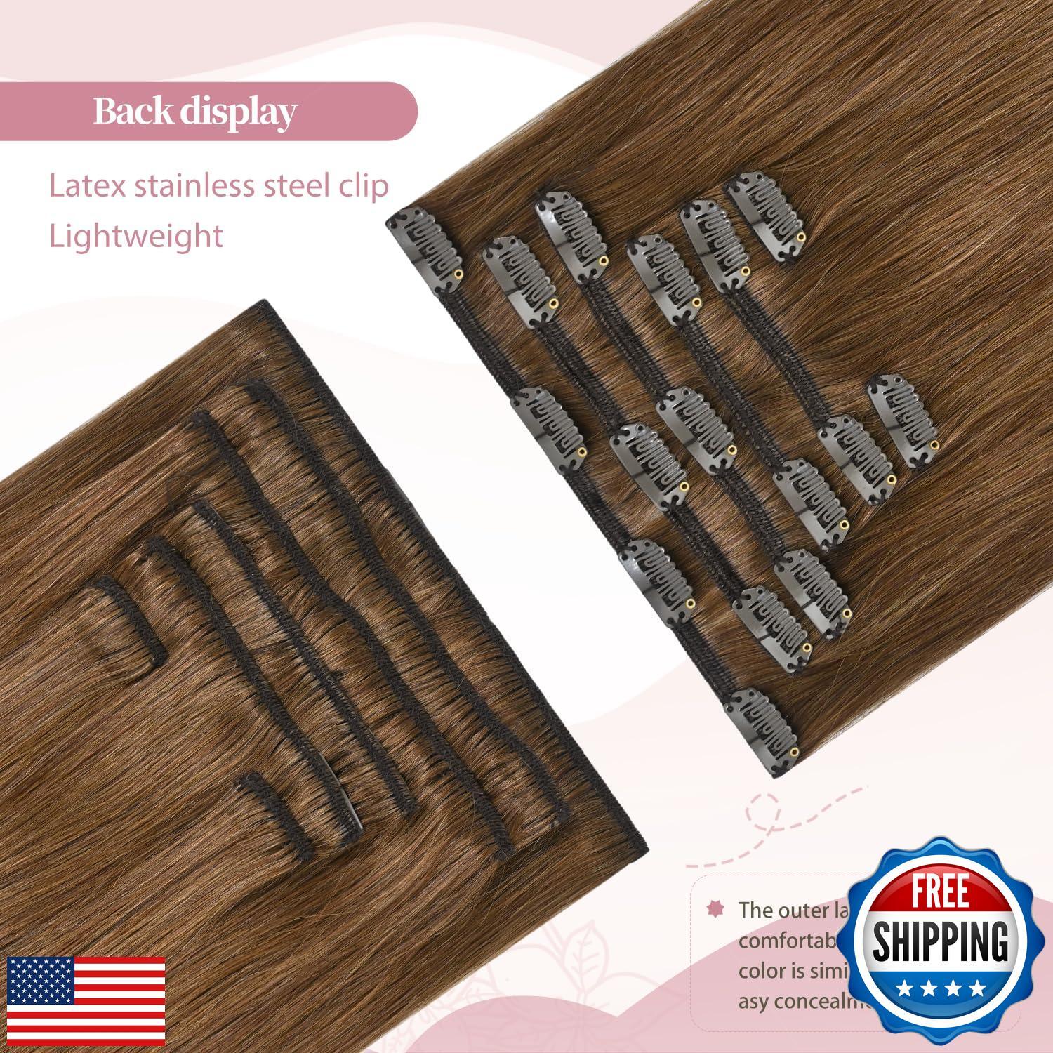 HUAYI Light Brown Clip in Hair Extensions Human Hair, 18 Inch 70g, 7pcs with