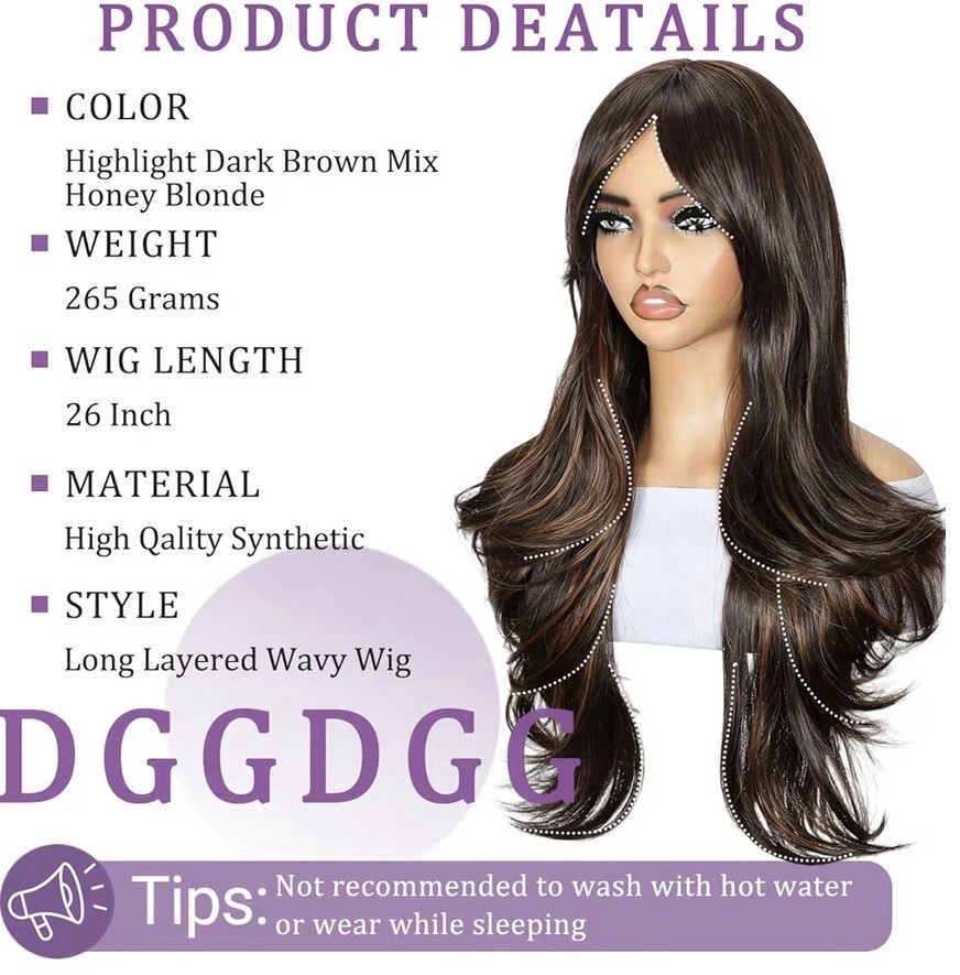 26in Synthetic Wavy Long Layered Wig w/ Bangs, Middle Part, Cap, Brown/Blonde