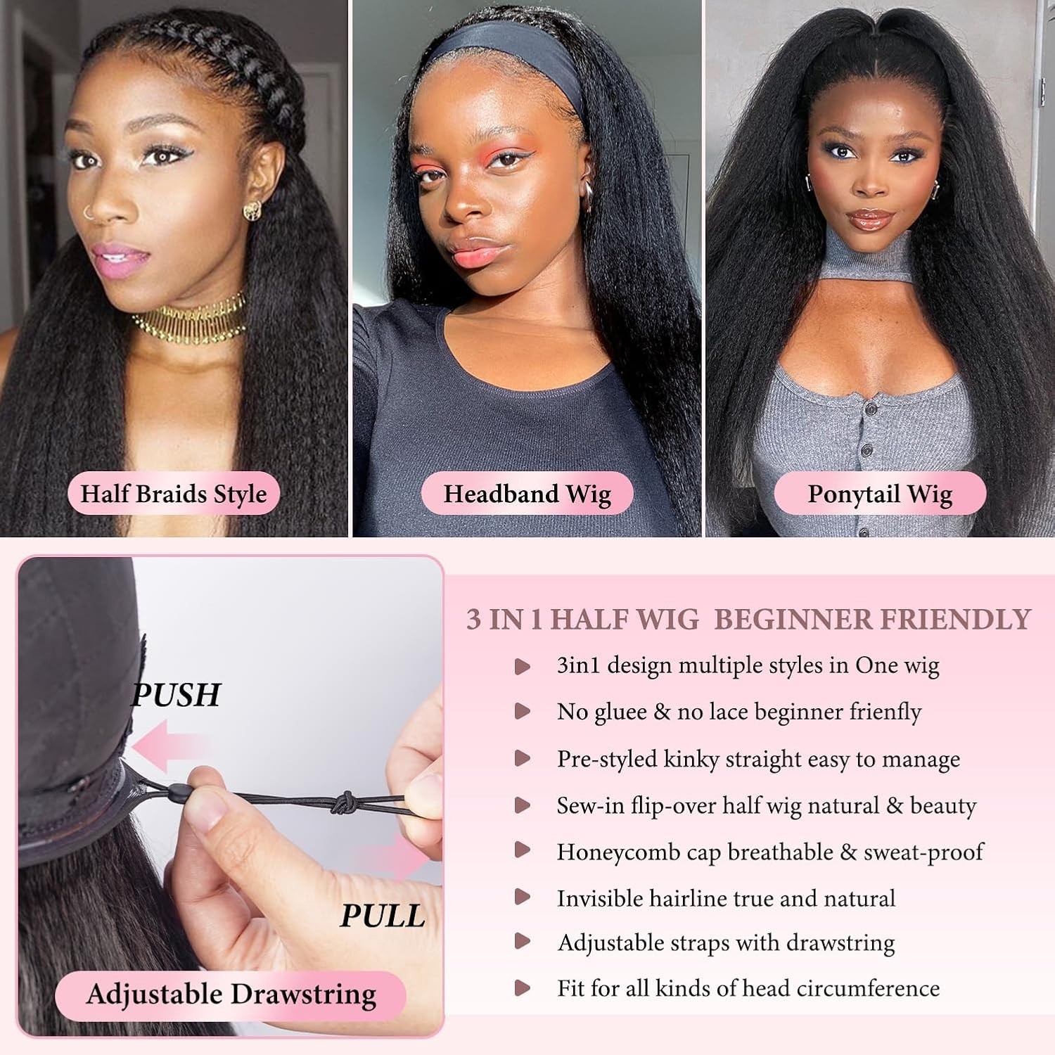 PROSA Kinky Straight 3 in 1 Human Hair Blend Seamless Flip Over Half Wig *20 in