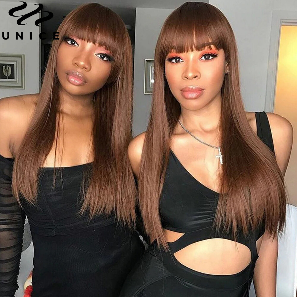 UNice Brazilian Brown Yaki Straight Human Hair Wig with Bang Lace Wigs Layer Cut