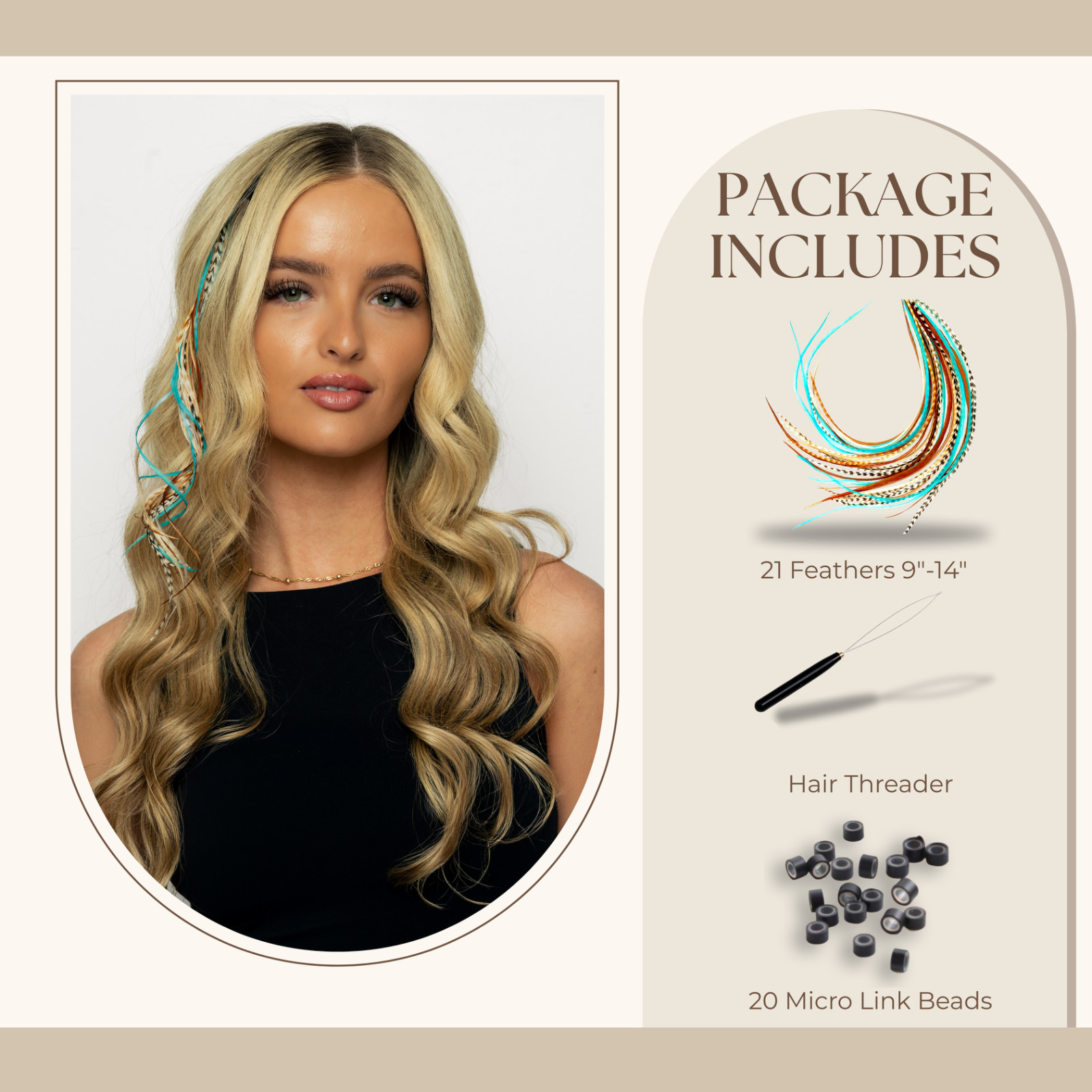 21 pcs. TURQUOISE and NATURAL 10-14″ Feather Extension, Whiting Farms + DIY Kit