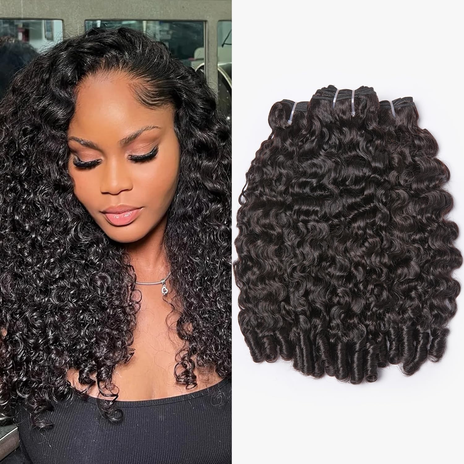 Curly Human Hair Bundles 18″ 20″ 22″ Brazilian Virgin Water Wave Natural Black