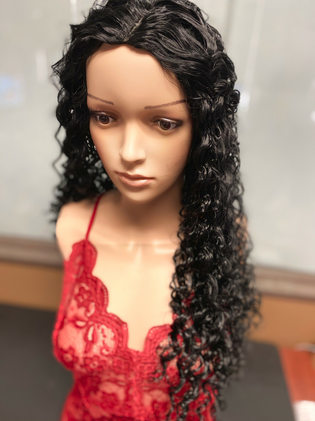 Women 23″ Long Natural Curly Wavy Ladies Synthetic Hair Wigs Brazilian Black Wig