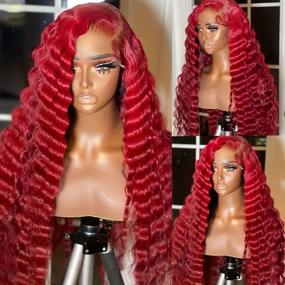 Synthetic Deep Wave Hair 26 Inch Red Color Lace Front Wigs Pre Plucked Hairline