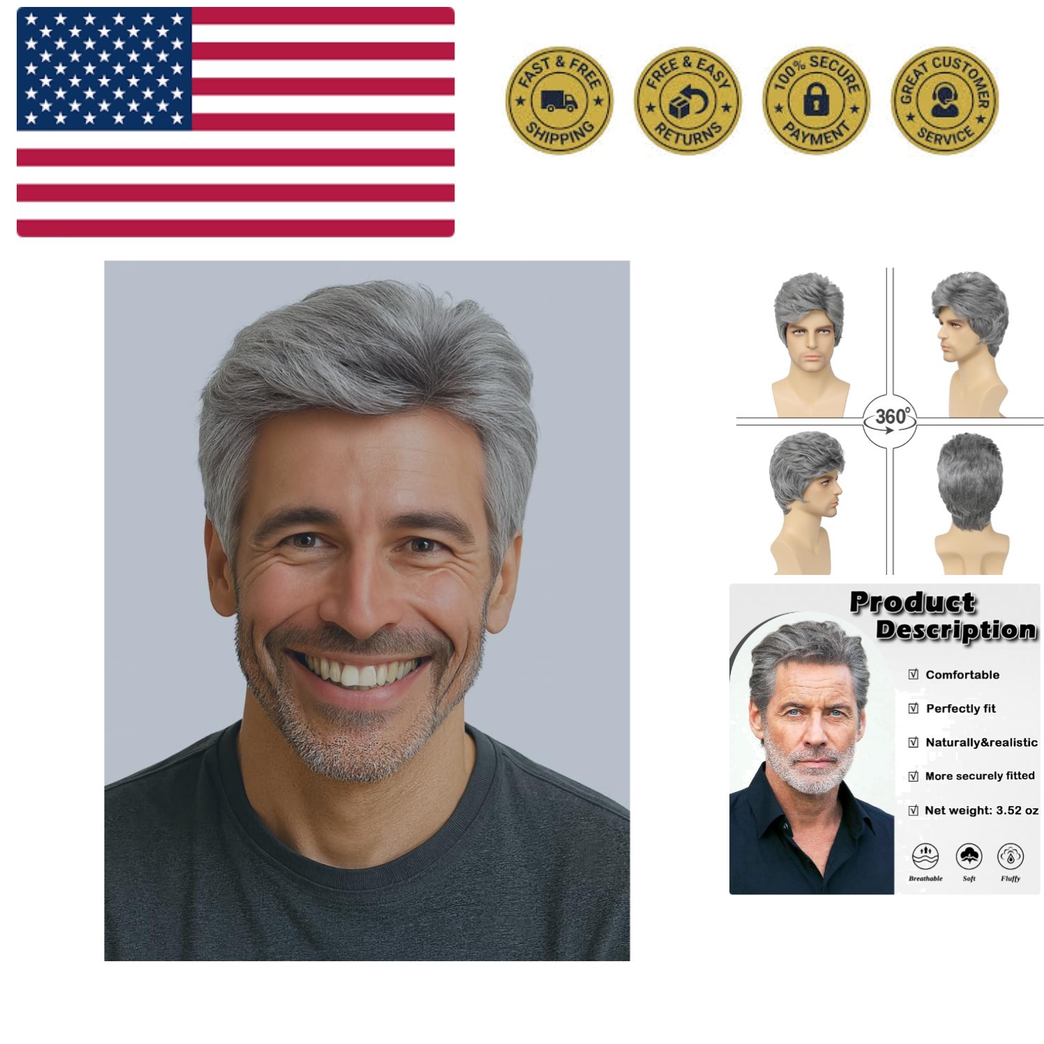 Grey Men’s Wig,Old Man Wig Side Part Heat Resistant Natural Layered Synthetic…