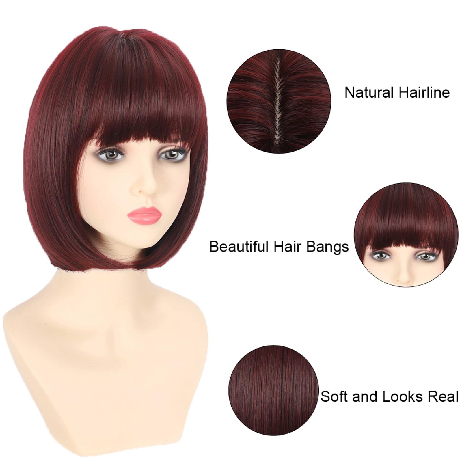 12 Inch Bob Wig with Inward Bangs for Women Multi Color Heat Resistant