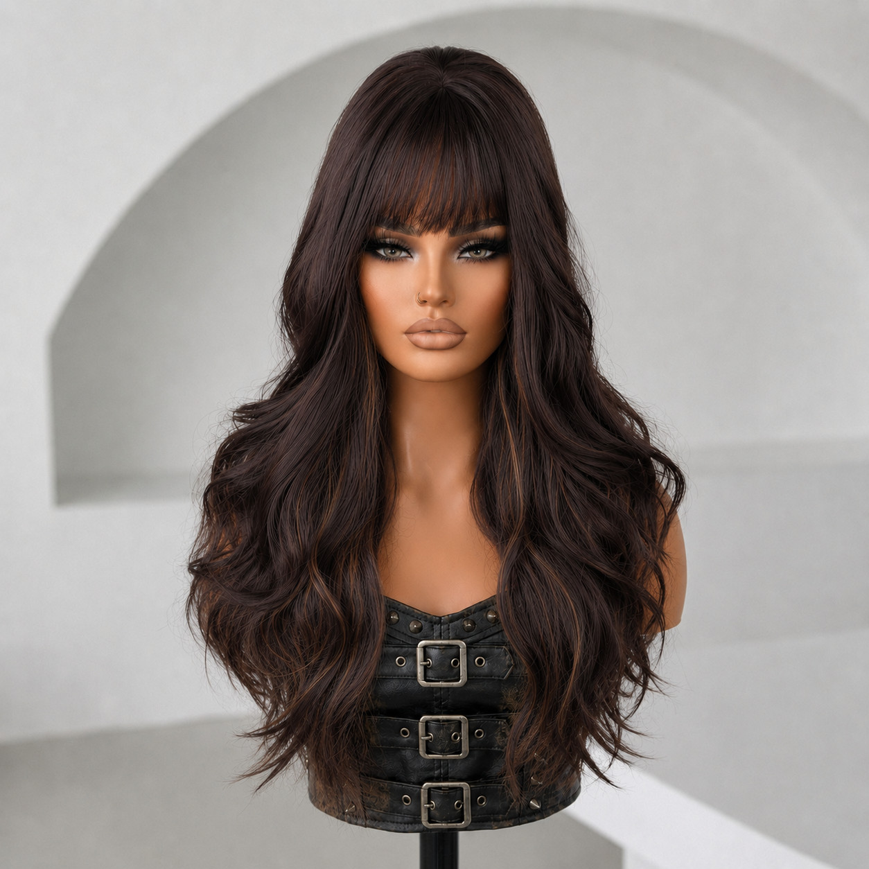 Mixed Brown Long Wavy Dress Up Wigs With Bangs Soft Synthetic Hair Layered
